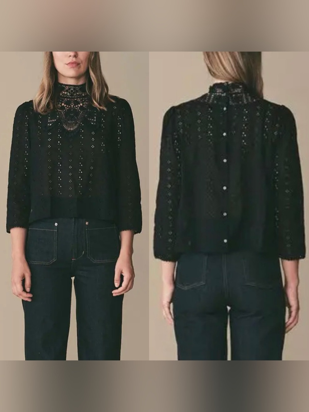 Doen Essie Lace Trimmed Broderie Anglaise Cotton Blouse Navy Blue